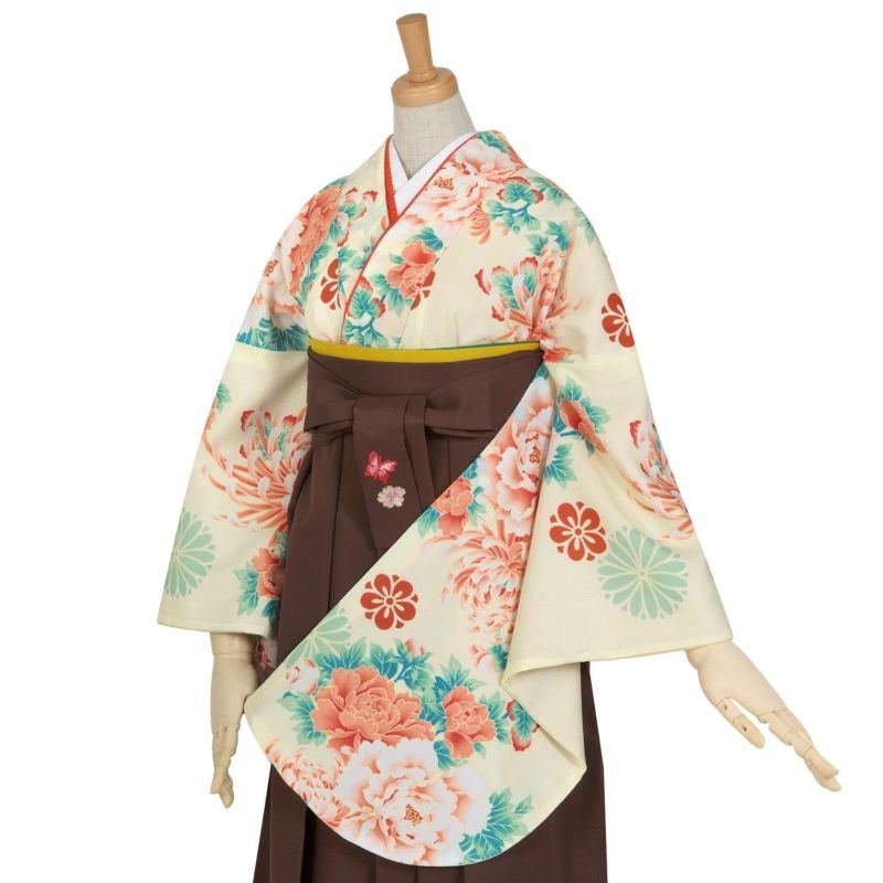 【中古品】二尺袖 単品「クリーム ストライプ牡丹と菊」襦袢プレゼント 8,800円→7,640円 売り切れ次第終了