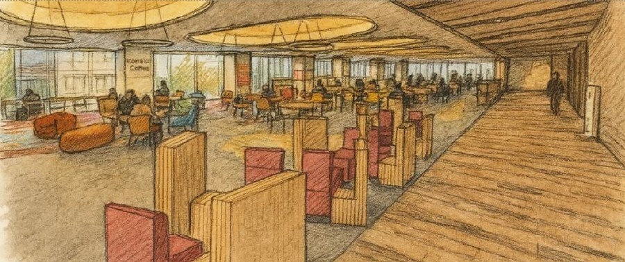 研究実験棟IV 1階の学生ホールに、コメダ珈琲店で使用されるソファと谷田研究室が考案したスリット家具を組み合わせた「次世代のくつろぎ空間」のイメージ