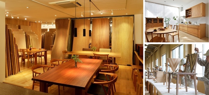 (左)一枚板ギャラリー(右上)一枚板テ ーブルを使用したダイニングキッチン(右下)チェアの製造
