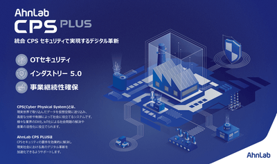 AhnLab CPS PLUS Platformのコンセプト図。OTセキュリティ、インダストリー5.0、事業継続性確保を実現するデジタル革新を表現