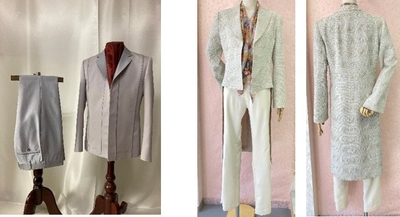 「メンズ和服スーツ」：仙波ゼミ4年　川口太一（左）、「レディース和服スーツ」：仙波ゼミ4年　柴田明依（右）