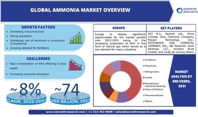 世界のアンモニア市場は、世界的な作物生産の増加の結果として、2022年から2031年の間に約8%のCAGRで成長する