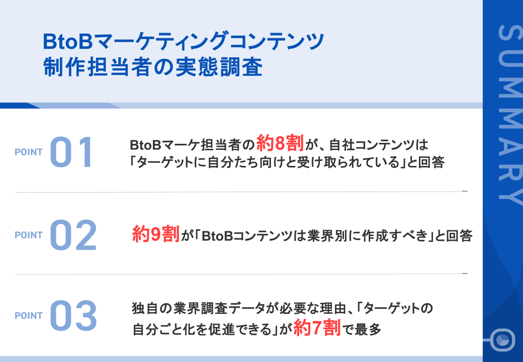 【BtoBマーケコンテンツ制作担当者111名の実態調査】
約9割が「業界別コンテンツは必要」と回答、一方で約7割が「手間・コスト」を障壁に
独自調査データの必要性は約9割が実感