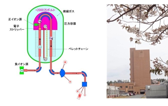 図6 原子力機構タンデム加速器の原理(左)と施設外観の写真(右)