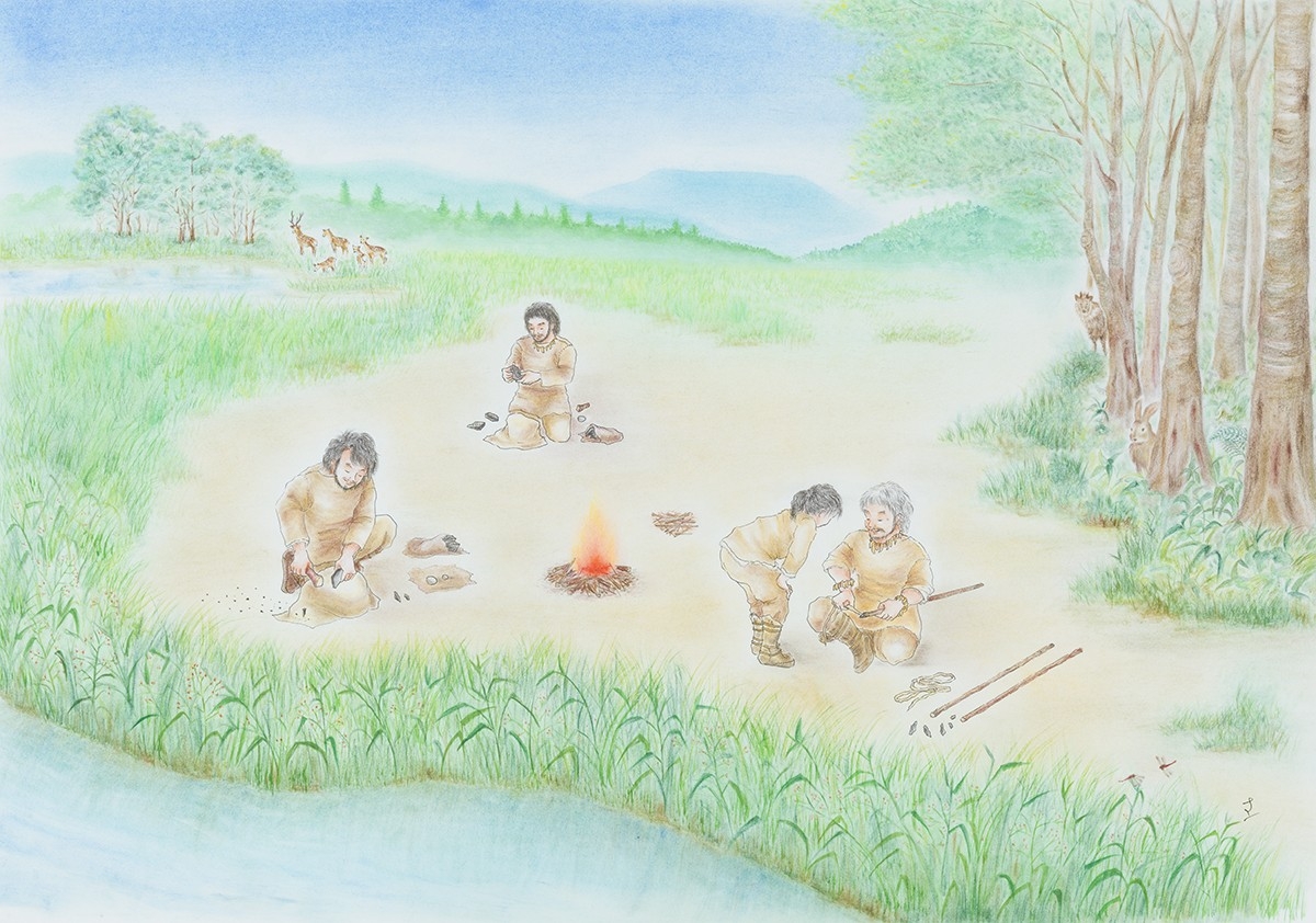 【画像1】旧石器時代の法華寺南遺跡の復元画(絵:田中さとこ)