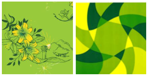 (左)春の花や管制塔・飛行機が描かれたブラウス、(右)「S」のラインを取り入れたスカーフ