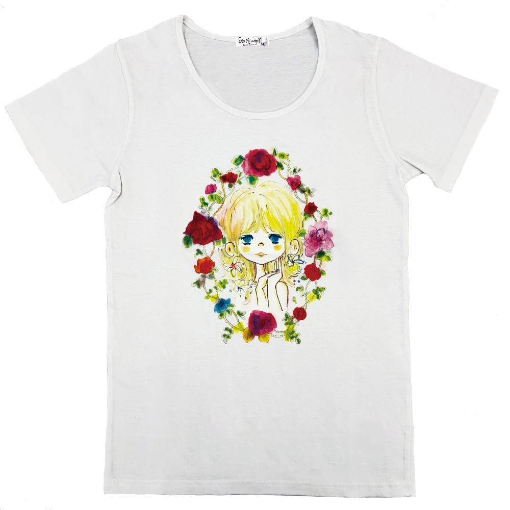お花の少女柄天竺Tシャツ ホワイト