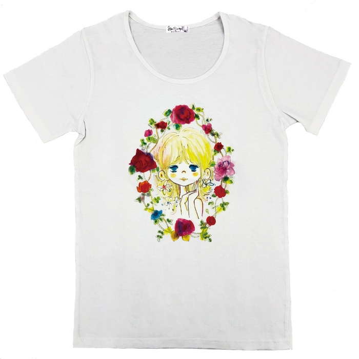 お花の少女柄天竺Tシャツ ホワイト