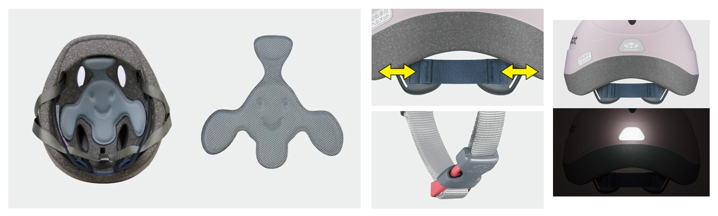 一体型インナーパッド(左)/フィットバンド(中央上)/バックルカバー(中央下)/リフレクトシール(右)