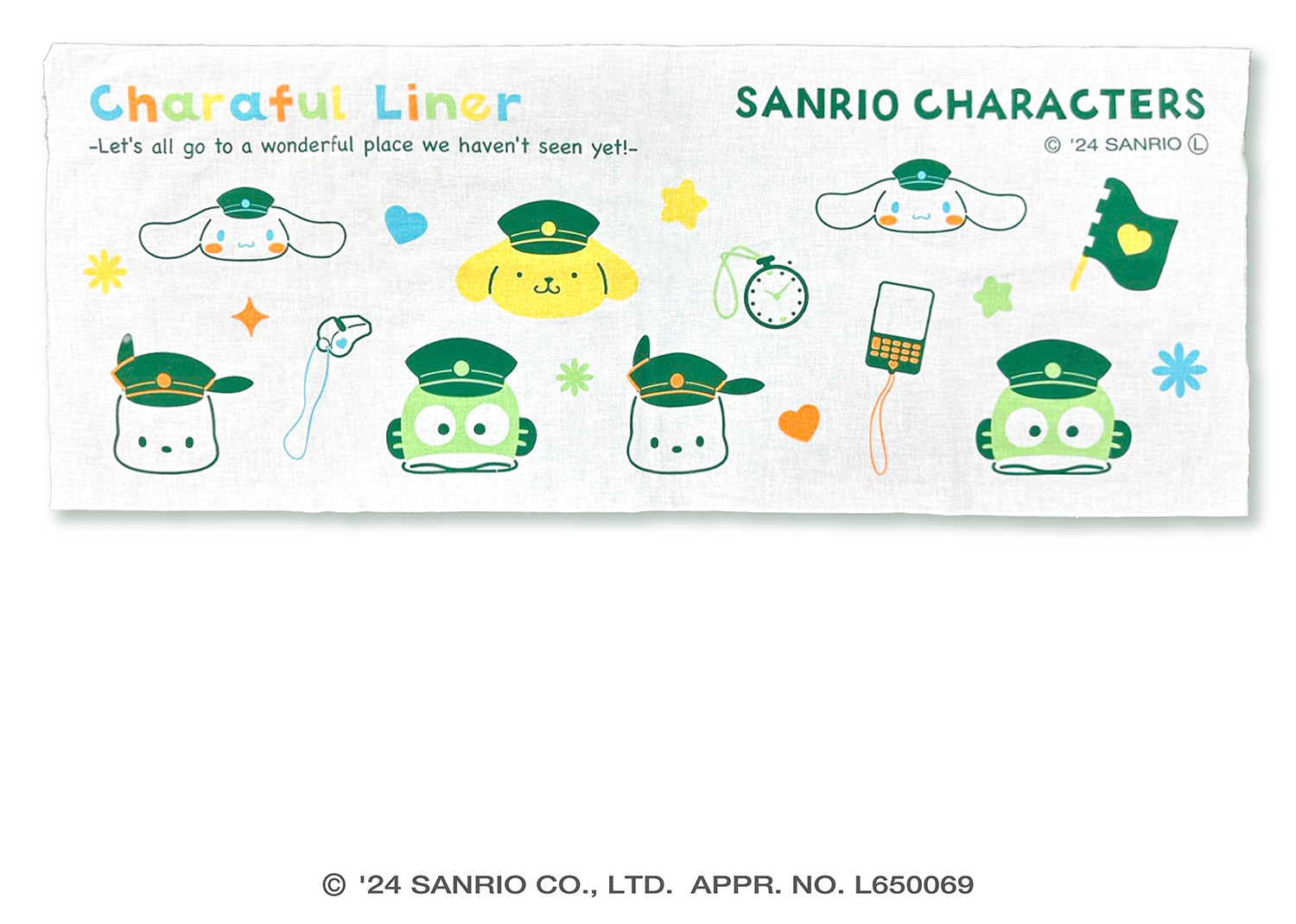 「手ぬぐい MX顔」 駅員の帽子をかぶったサンリオキャラクターと駅員の道具(笛、旗など)を一枚に!