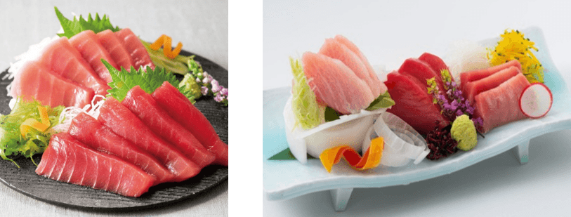 近大マグロ(トロ・赤身)(左)、近大マグロ 三種セット(右)