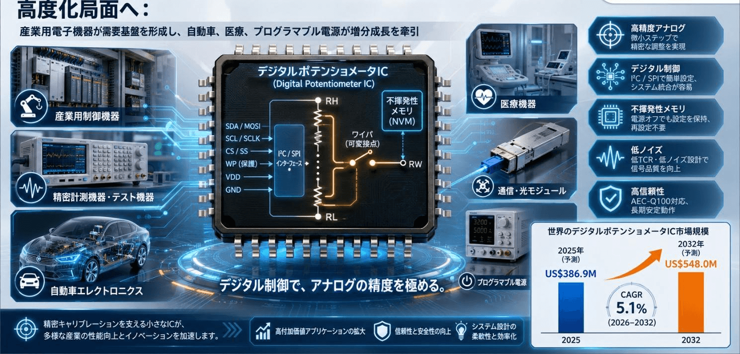 デジタルポテンショメータIC市場機会分析2026：2032年に570百万米ドル規模へ拡大