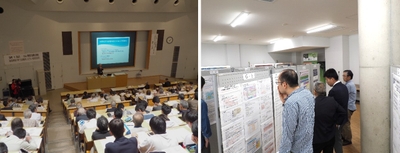 令和元年（2019年）の「市民公開講座」（左）とポスターセッションによる研究紹介の様子（右）