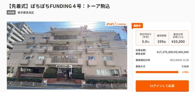 【20秒で完売！】不動産投資型クラウドファンディング「ぽちぽちFUNDING」4号募集達成