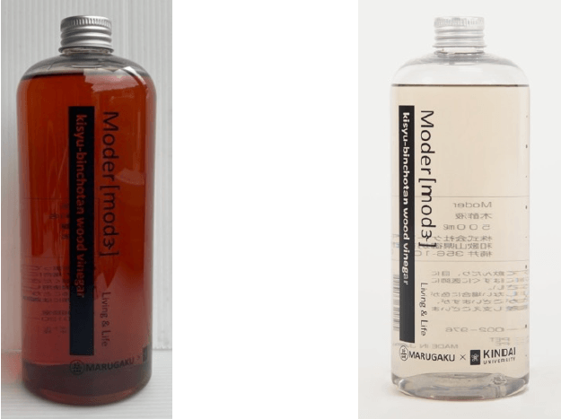 通常の木酢液(左)、臭いと色を低減させた精製木酢液「Moder」(右)