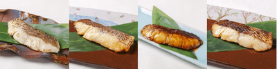 近大生まれマダイ　焼味四種食べ比べセット　左から　塩焼き、西京焼き、照焼き、柚庵焼き