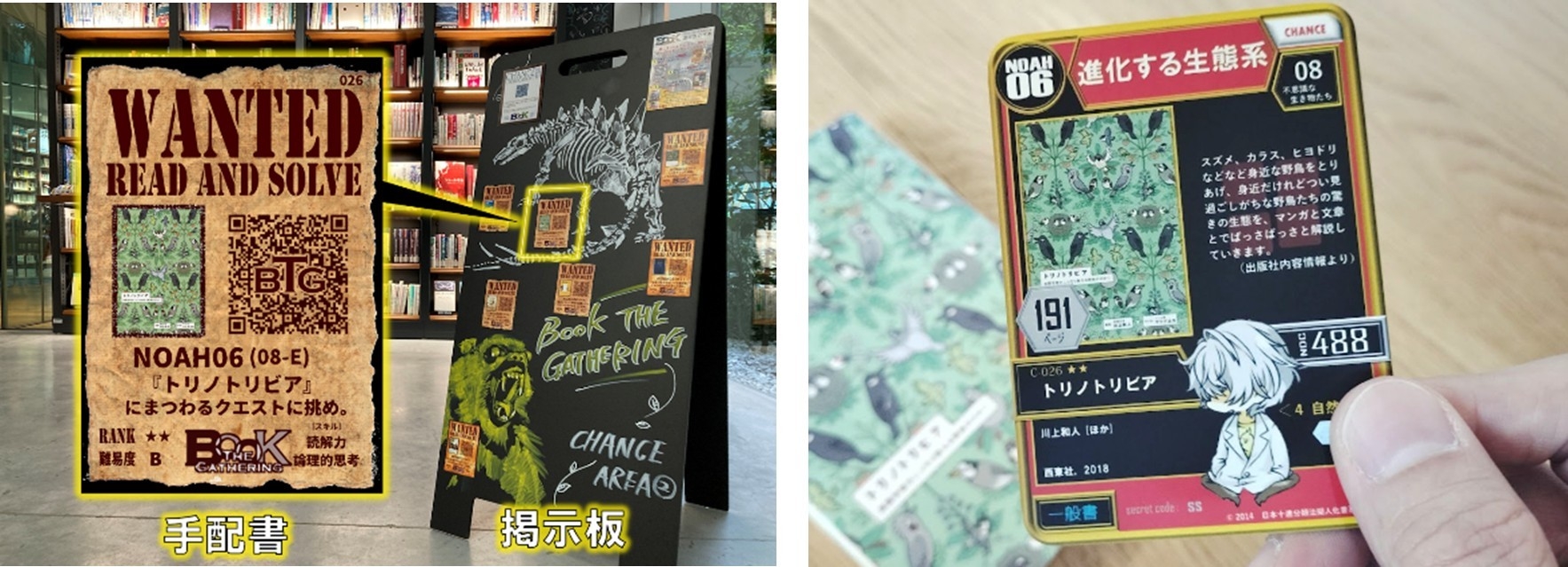 掲示板と手配書(左)、目録カード(トレカ)(右)