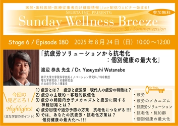 《医師・歯科医師・薬剤師向け》 無料オンラインセミナー8月24日(日)朝10時開催 『抗疲労ソリューションから抗老化：個別健康の最大化』　 渡辺 恭良 先生 (神戸大学大学院科学技術イノベーション研究科 / 特命教授)
