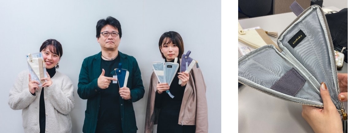 左から布施ゼミ4年 大羽、布施教授、4年 葛谷(左)、「sankaku PENCASE」の内部(右)