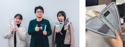 左から布施ゼミ4年 大羽、布施教授、4年 葛谷（左）、「sankaku PENCASE」の内部（右）