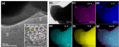 図4.Co-HHTPを修飾した光触媒SrTiO3:Alの（a）高分解能透過型電子顕微鏡像（矢印はCo-HHTPを示す）、（b）走査型透過電子顕微鏡像、（c）Co、（d）C、（e）Sr、（f）Tiに関するエネルギー分散型X線分光法による元素マッピング、（g）CoとSrの元素マッピングの重ね書き。