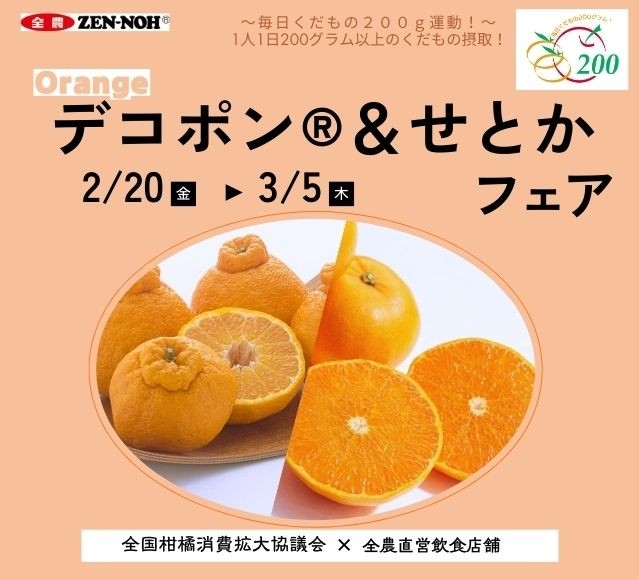 濃厚な甘さとジューシーな果汁が人気の中晩柑。全農直営飲食店舗で「デコポン®&せとかフェア」を2月20日(金)~3月5日まで開催