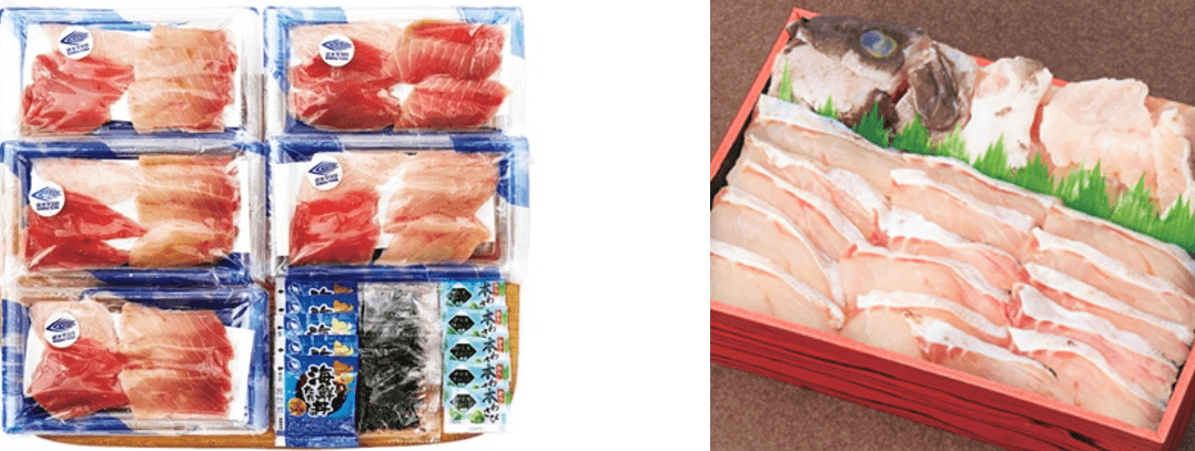 近大マグロの丼の具セット(左)、近大くえのなべ用切身・アラセット(右)