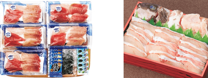 近大マグロの丼の具セット(左)、近大くえのなべ用切身・アラセット(右)