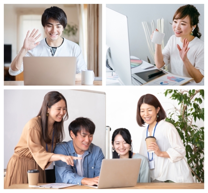 オフライン社員とオンライン社員が一緒にハイブリッド謎解き社内イベントを楽しんでいるイメージ