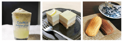 最終候補3作品（左から牡蠣氷、二層仕立ての牡蠣チーズケーキ、牡蠣エキスとはちみつレモンの広島風マドレーヌ）