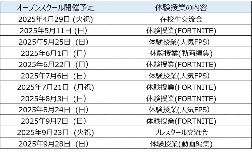 オープンスクール日程一覧