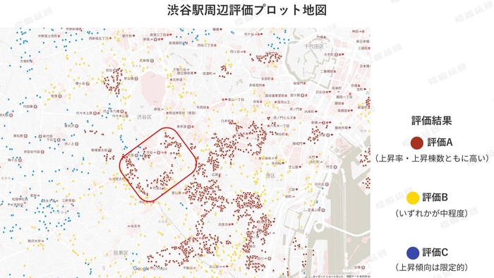 図4:渋谷駅周辺評価プロット地図 【出典:マンションリサーチ株式会社 福嶋総研】