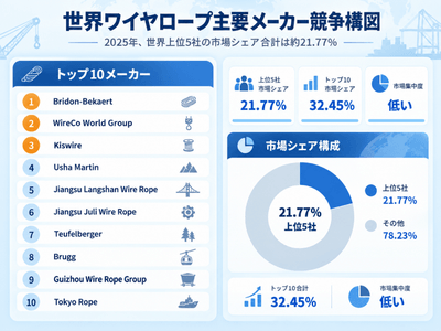 图.   世界ワイヤロープ市場 上位10社メーカーランキングおよび市場シェア（2025年調査データに基づく。最新データは当社の最新調査を参照）