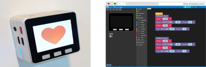 M5Stack(左)、ビジュアルプログラミングで基礎知識を修得(右)
