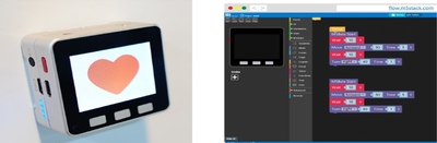 M5Stack（左）、ビジュアルプログラミングで基礎知識を修得（右）