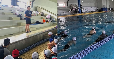 五輪メダリストの山本貴司が近大附属小学校6年生に水泳指導　集団で長距離を泳ぐコツを伝授し、遠泳チャレンジを応援