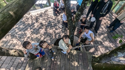 ツリーハウスの屋根の上にて