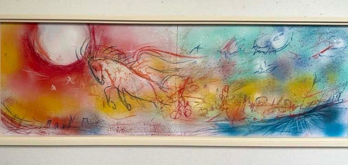 山内若菜　あさひの芸術祭2025クラウドファンディング　リターン作品。93cm×33cm、和紙に岩絵具、パステル。緑地公園展示12m作品のためのドローイング。