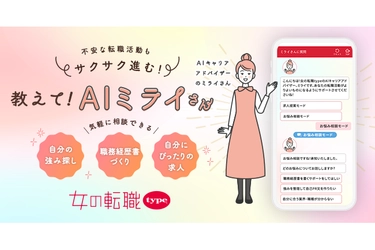 『女の転職type』が『AIキャリアアドバイザー ミライさん』をリリース！生成AIを活用し、最適な求人提案や職務経歴書の作成等、求職者の転職活動をサポート