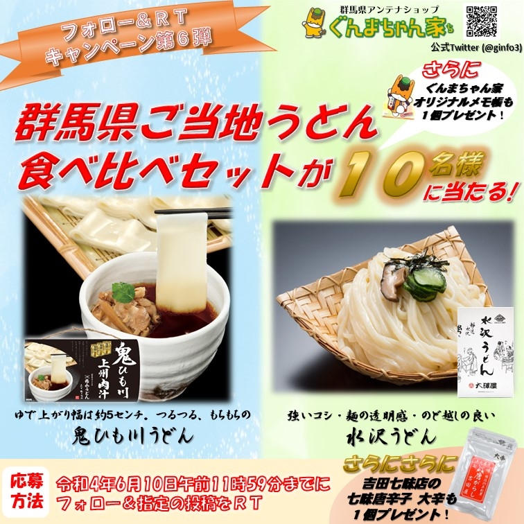 群馬県ご当地うどん食べ比べセットが当たる!? ぐんまちゃん家公式Twitterにてフォロー&RTキャンペーン第6弾を開催中!6月10日(金)午前11時59分まで