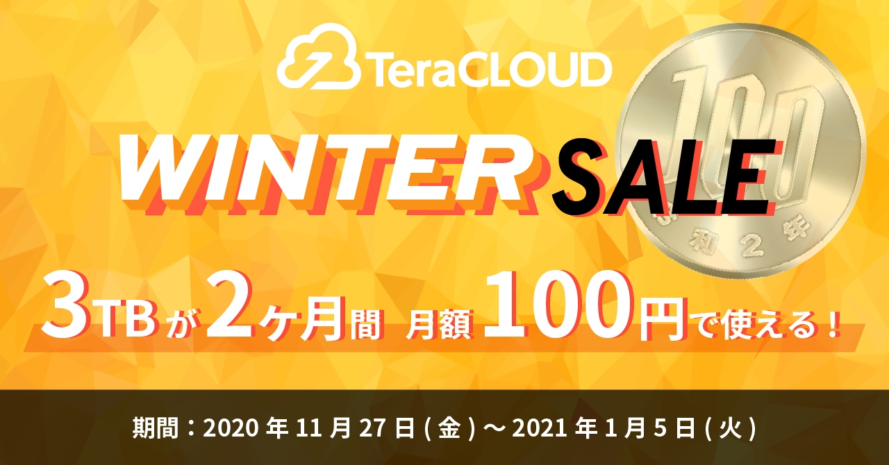 3TBが2ヶ月間【100円】!国産クラウドストレージ「TeraCLOUD」、ウィンターセールを11月27日(金)から開催!