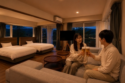 客室で楽しむ本格生ビール　※イメージ（AI生成・加工含む）