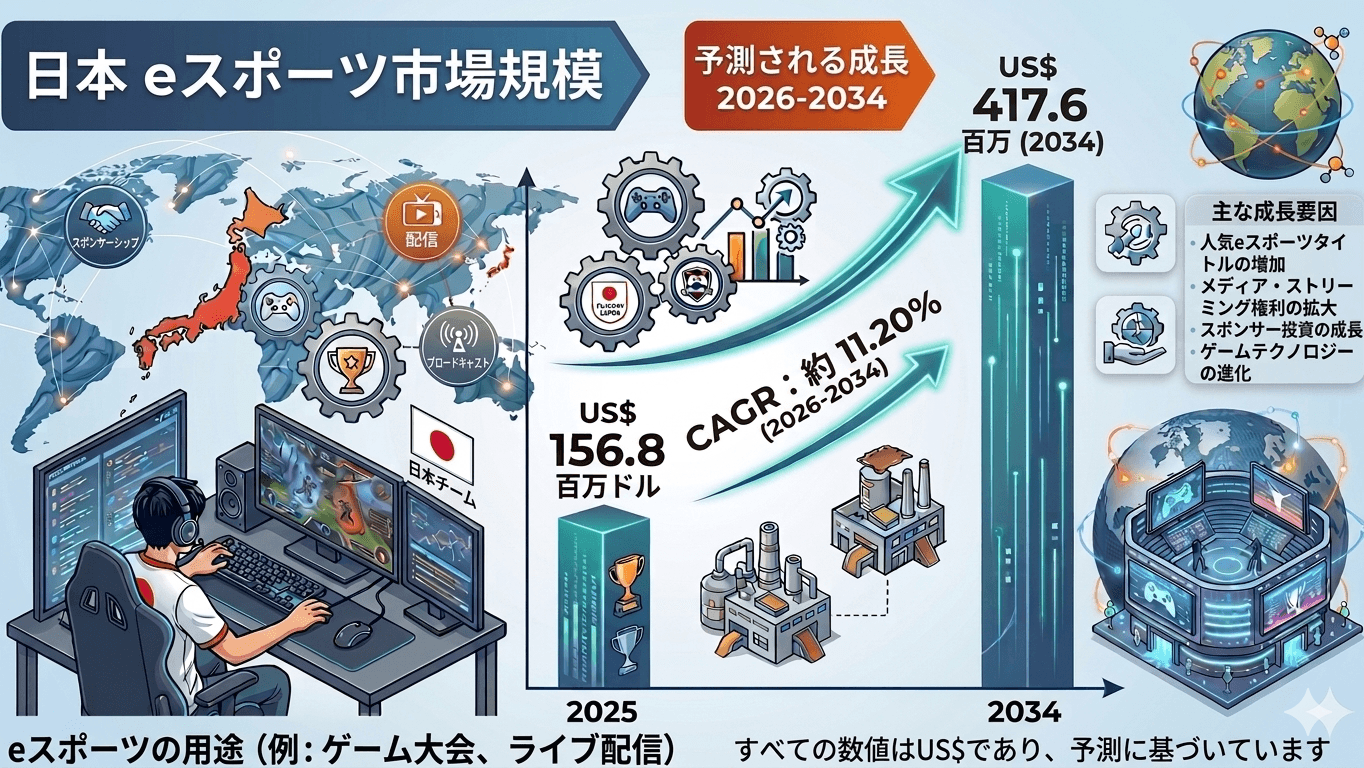 日本のeスポーツ市場規模、2034年までに4億1760万米ドルを突破へ | 年平均成長率（CAGR）は11.20％