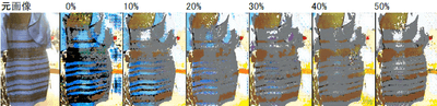 図2　DNNモデルの機械学習［4］時にブルー・バイアス画像を混ぜて比率を変えたモデルに対し、#TheDress画像でテストした結果の例。左から、元画像（入力画像）と、ブルー・バイアス画像の比率が0%〜50%の場合の出力例。図の上のパーセントの値が増えると、青/黒から白/金へと変化している。実際は、同じ条件で10回繰り返してDNNモデルを作成し評価している。