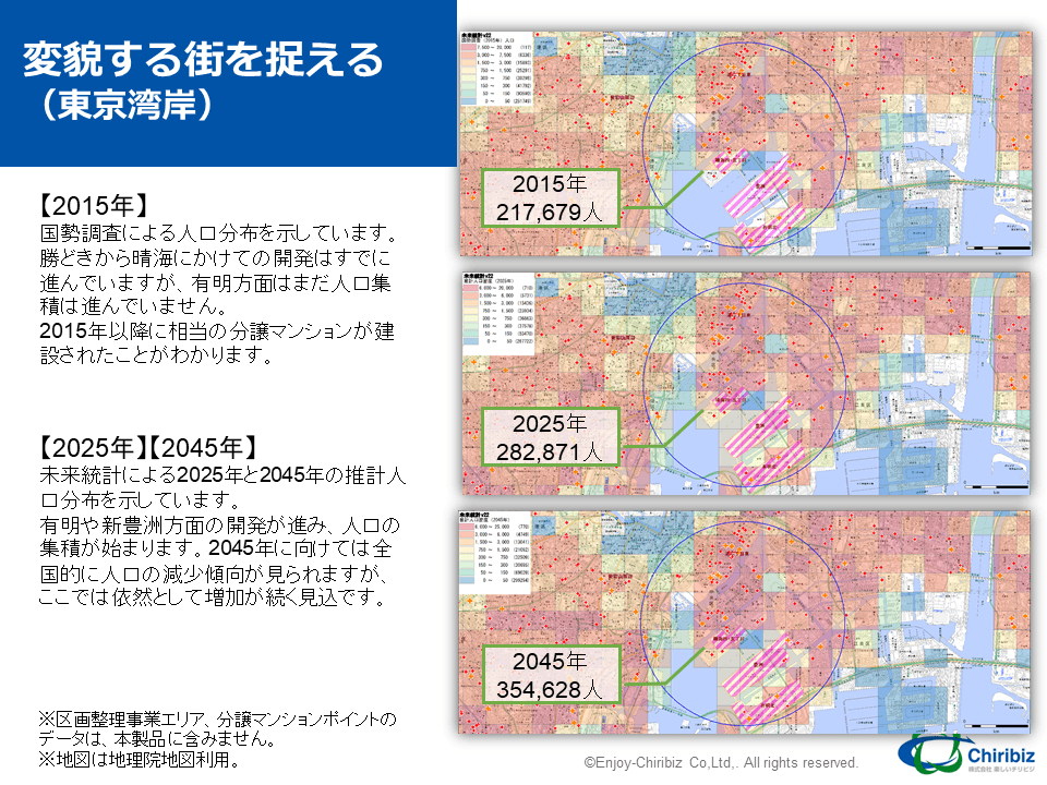 東京湾岸エリアの推計人口の変化マップ
