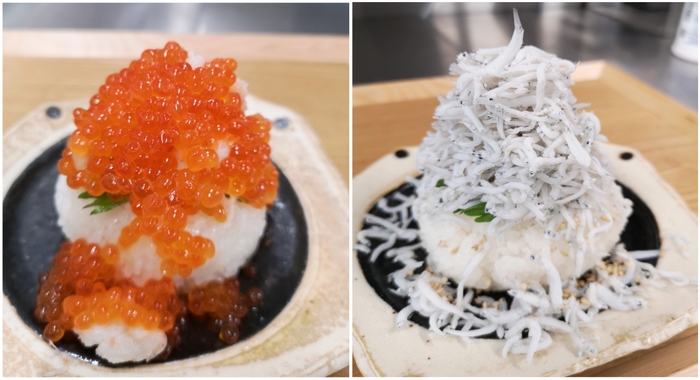 ぶっかけおにぎり各種!(左)カニ・いくらおにぎり (右)しらすおにぎり