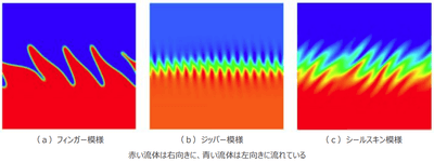 図1　2種類の超流動体（赤と青の領域）の界面（黄緑）が形成する様々な模様