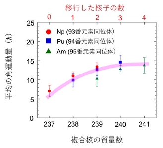 図5 18O＋237Npの多核子移行反応で生成される複合核（Np*, Pu*, Am*）の、複合核質量数に対する角運動量をプロットしたものです。図の上の目盛りは、移行する核子の数を示しています。曲線は、傾向を示すためのガイドです。