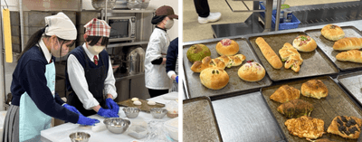 令和8年（2026年）3月の試作の様子（左）・　試作品のパン（右）