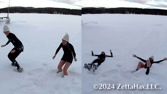 凍った湖の上で雪に飛び込む